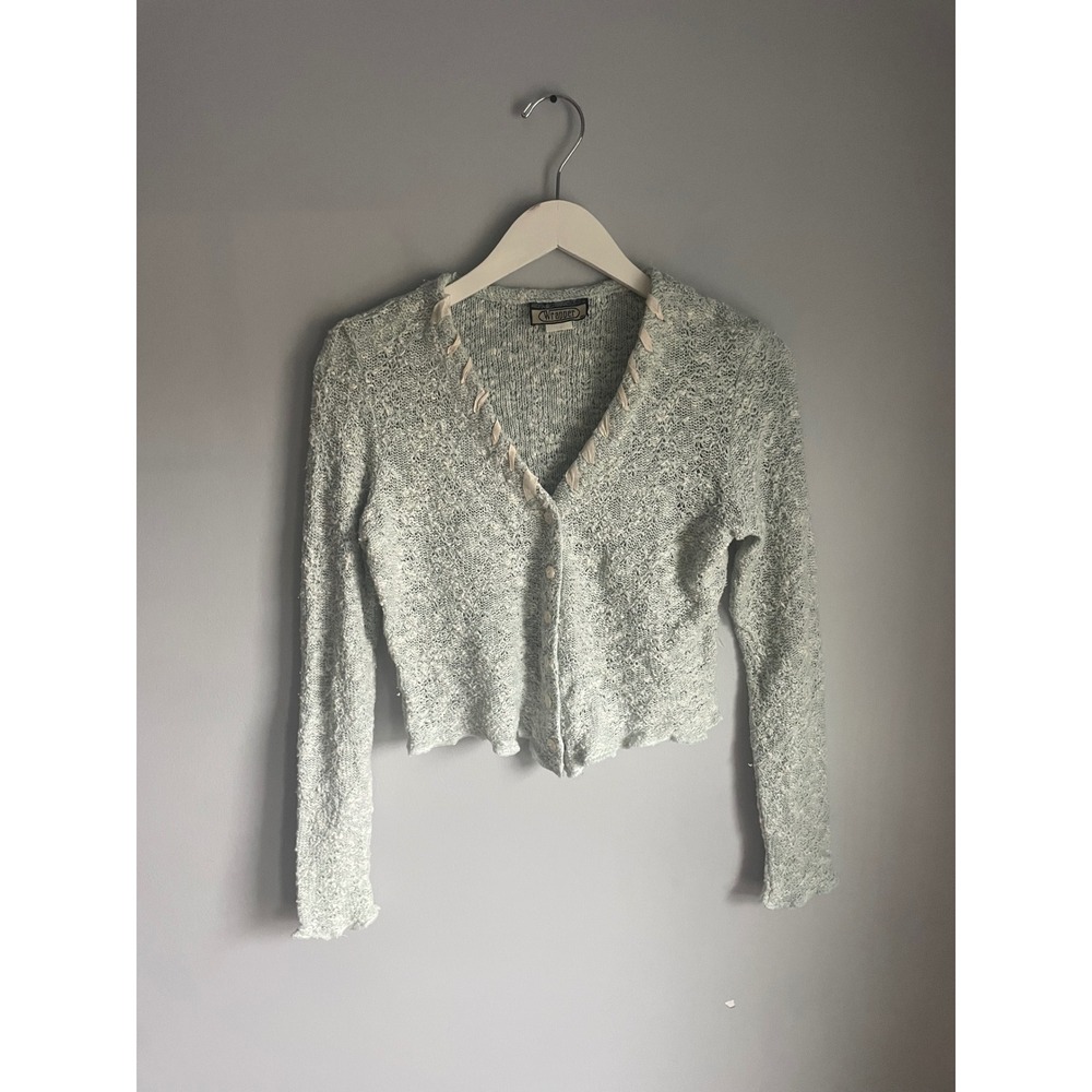 Vintage Cottage Dainty Cropped Cardigan Sweater Light Blue Ribbon Small Y2K USA